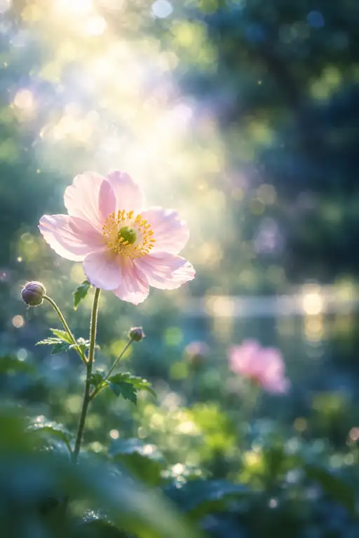 Japanese Anemone under Morning Sunbeams by the Pool