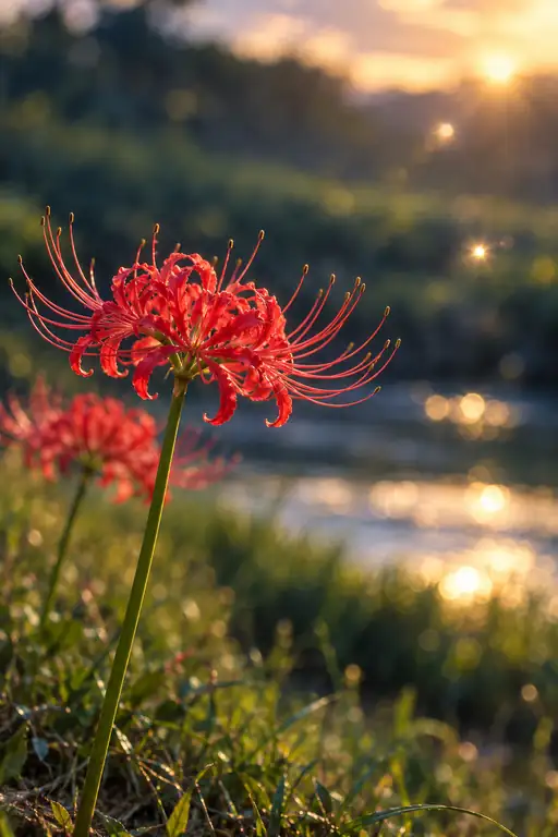 Crimson Lycoris at Twilight by the Glittering River
