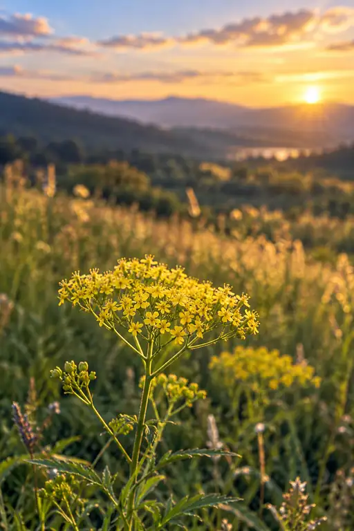 Golden Patrinia against the Sunset Mountain Ridge