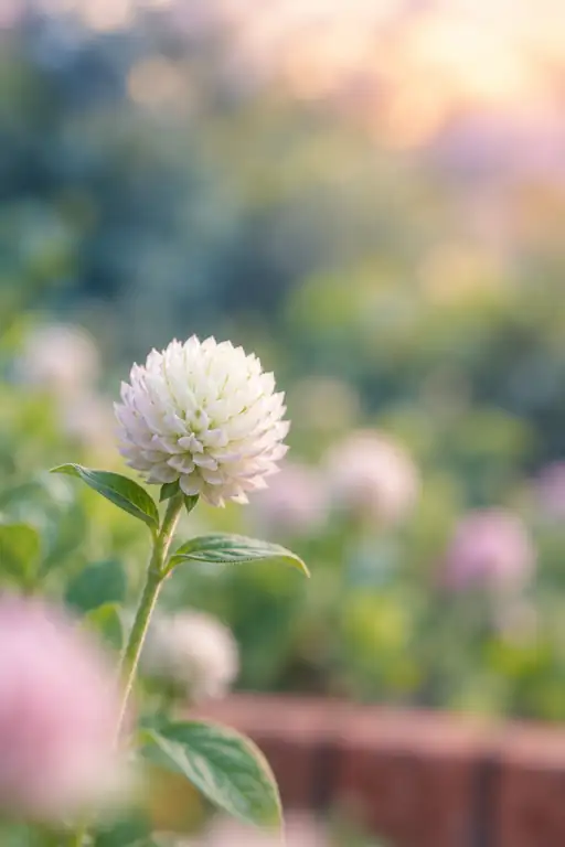 Globe Amaranth by the Brick Garden Bed at Dusk