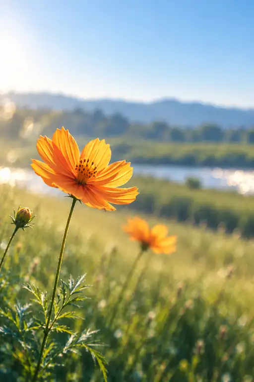 Yellow Cosmos on the Riverbank under the Clear Sky
