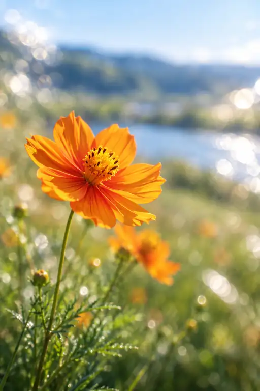 Dewlit Yellow Cosmos beside the Shimmering Waters