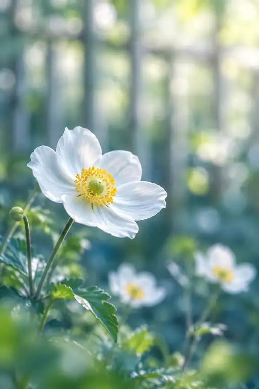 竹垣の庭辺、木漏れ日に澄む白秋明菊