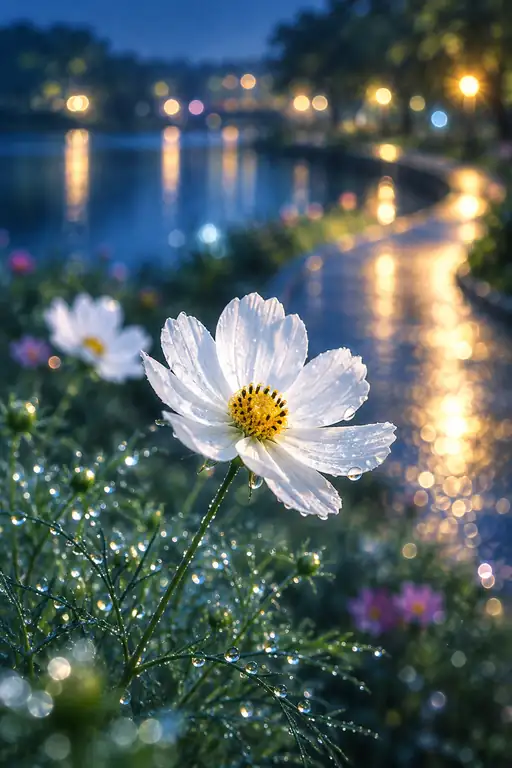 光めぐる湖畔の小径、雨上がりの白き秋桜