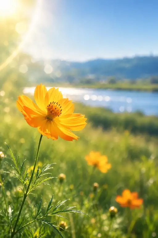 Morning Light Beams over the Riverbank Yellow Cosmos