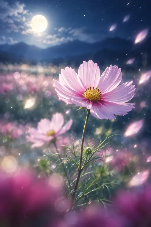 Moonlit Cosmos Field and Floating Petals