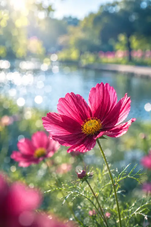 Magenta Cosmos by the Sparkling Sunlit Pond