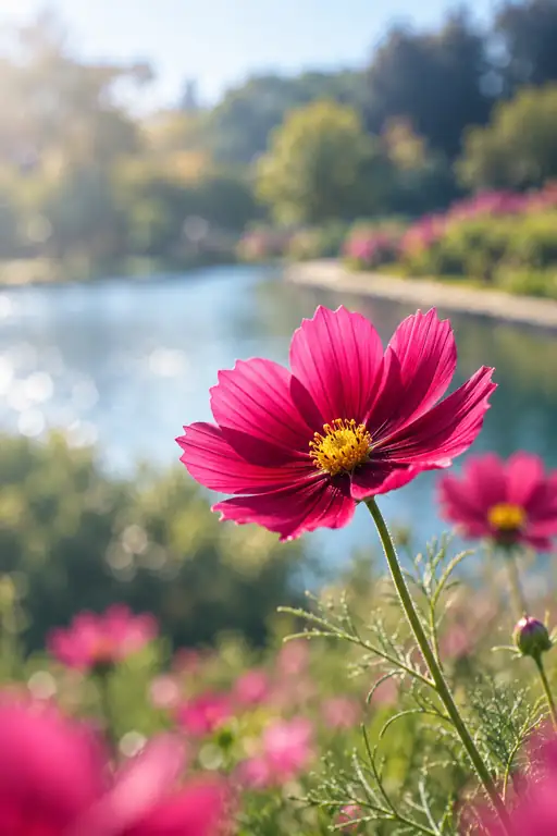 秋晴れの池畔、天を仰ぎ咲く深紅の秋桜