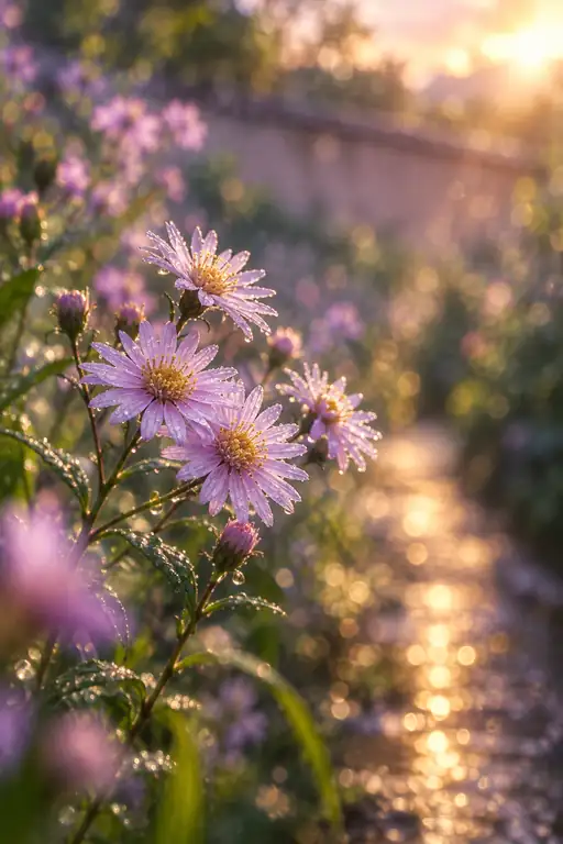 Golden Bokeh Path and the Dew-laden Tatarian Aster