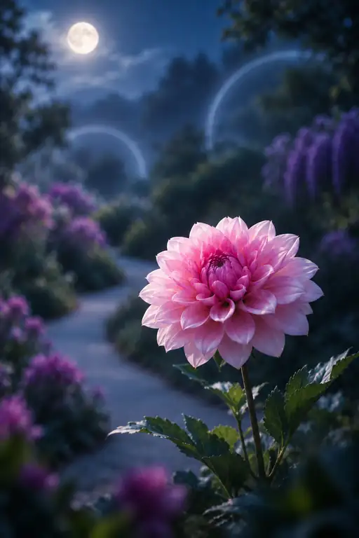 Full Moon and Light Arches over the Blooming Dahlia