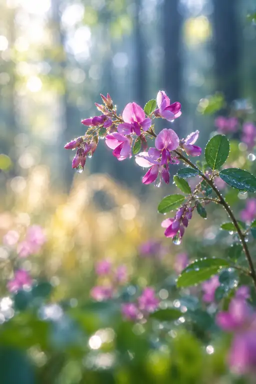 木漏れ日さす朝の森、露玉したたる紅萩