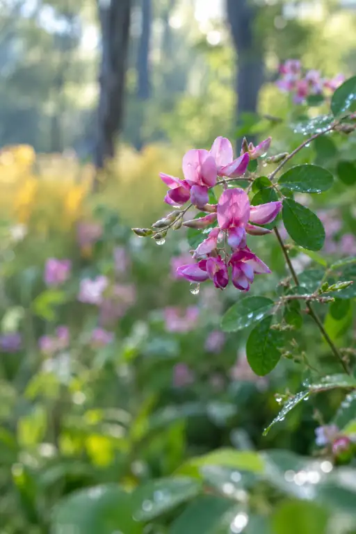 静寂の朝木立、露しずく滴る紅萩の花枝