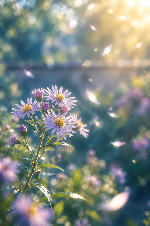 朝光に舞い散る花びら、風そよぐ紫苑