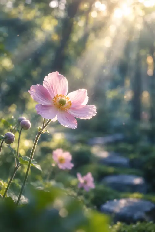 光芒さす苔庭の飛び石、朝光に透ける秋明菊
