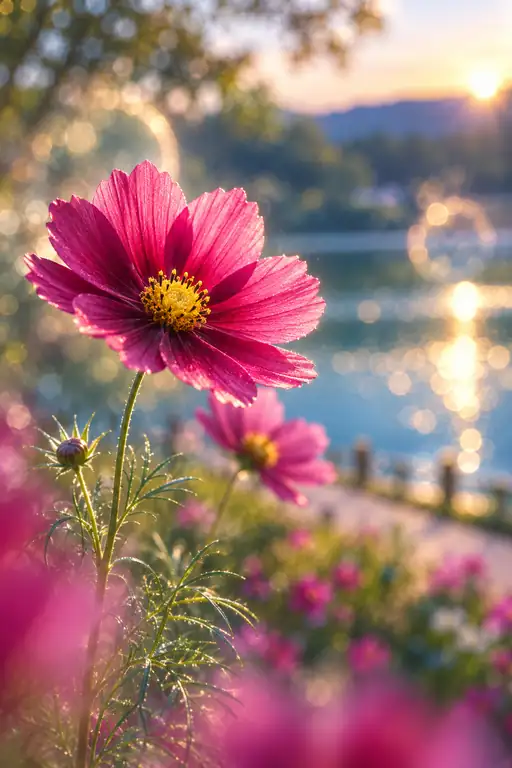 水面の煌めきに歌う紅秋桜