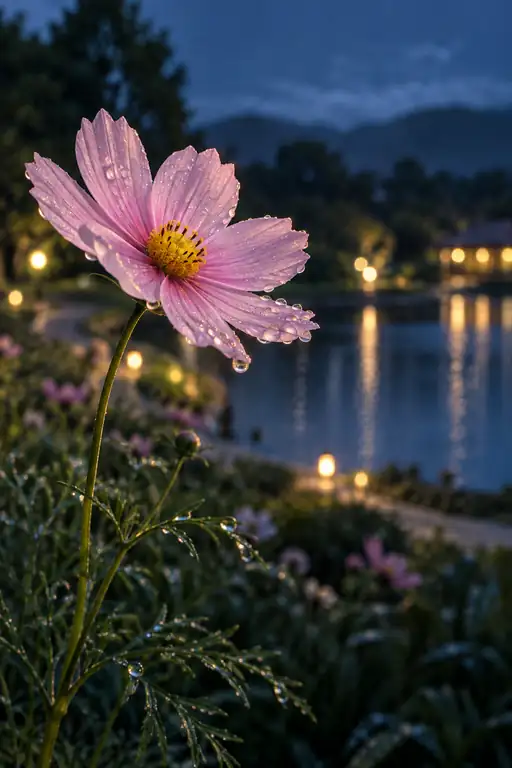 夜露を宿す池畔の秋桜