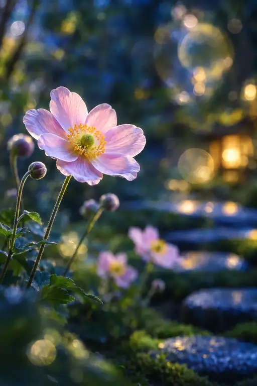 灯籠の灯に浮かぶ苔道の秋明菊