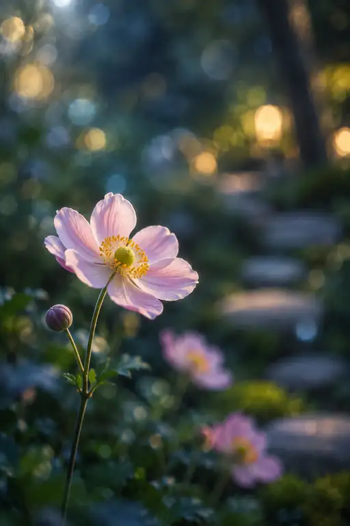 木漏れ日の石畳に微笑む秋明菊
