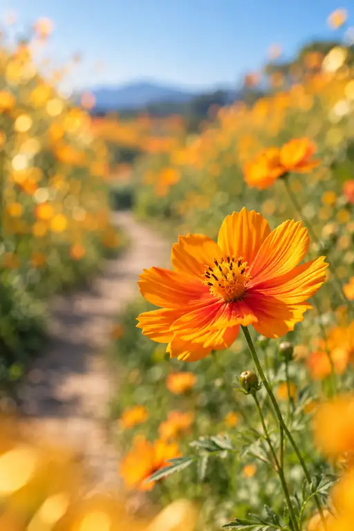 青空に広がる黄花コスモスの小径