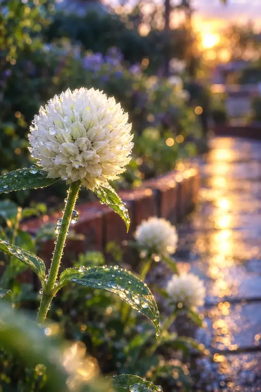 夕陽に濡れ立つ花壇の白露