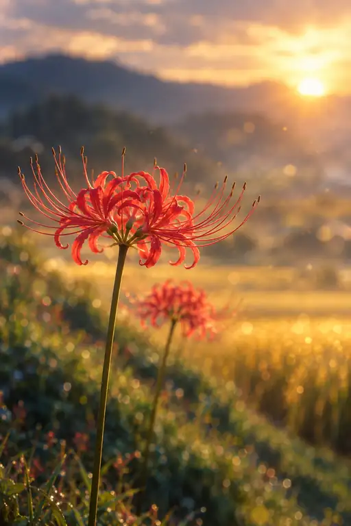 夕暮れの棚田を守る深紅の彼岸花