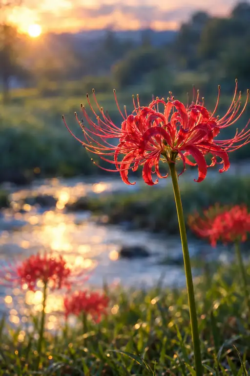 Scarlet Flame beside the Sunset River