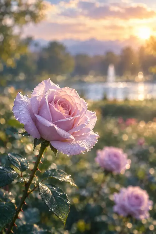 朝露をまとう噴水池の薄紫薔薇