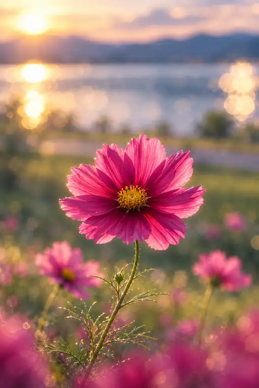 湖畔の残照に燃ゆる秋桜