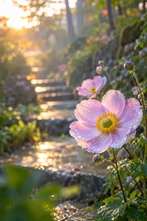 雨上がりの古道に灯る夕照