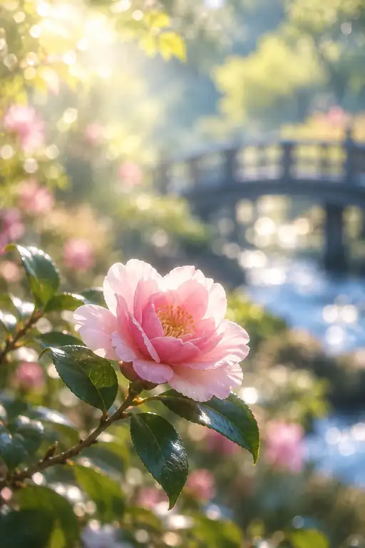 古橋とせせらぎに揺れる薄紅