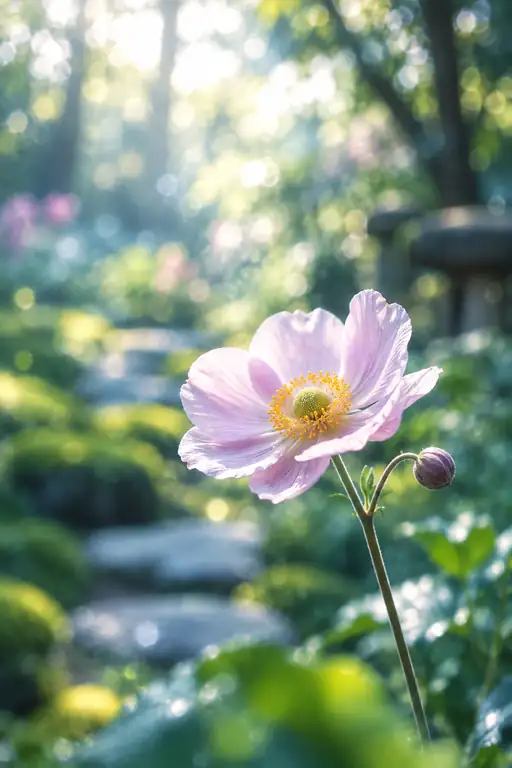 苔径の木漏れ日に咲く薄紅