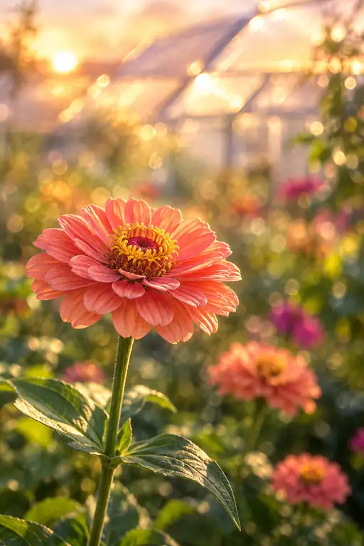 夕日の温室に映える珊瑚花