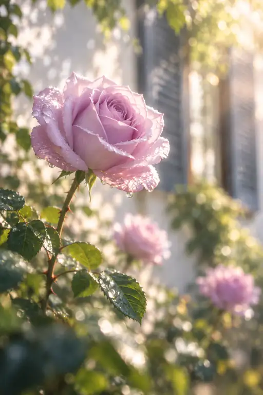 窓辺の雨露に目覚める薔薇