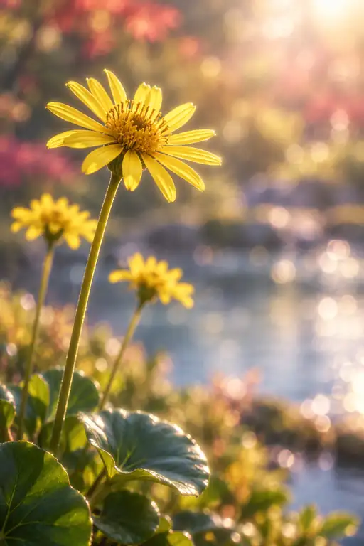 水鏡の夕映えに咲く金花