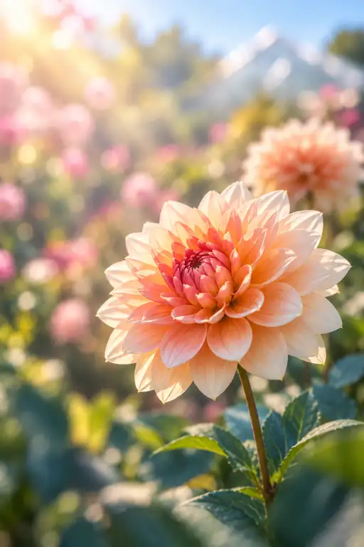 硝子温室の朝陽に微笑む花