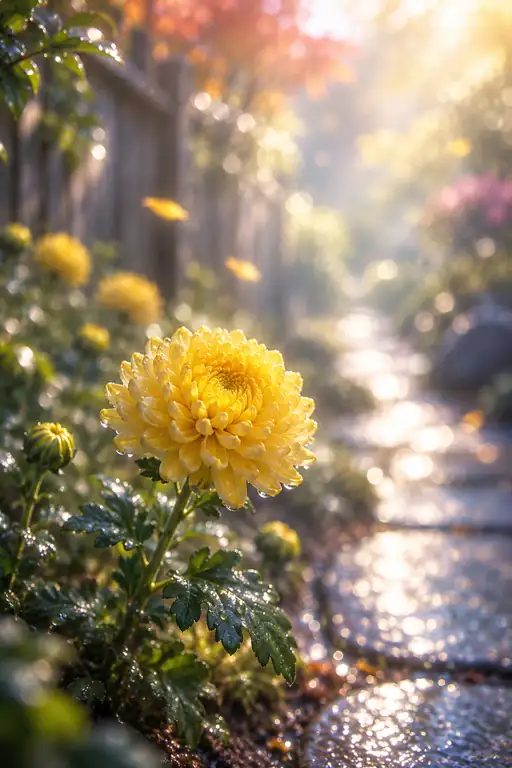 濡れ石畳に灯る黄金菊
