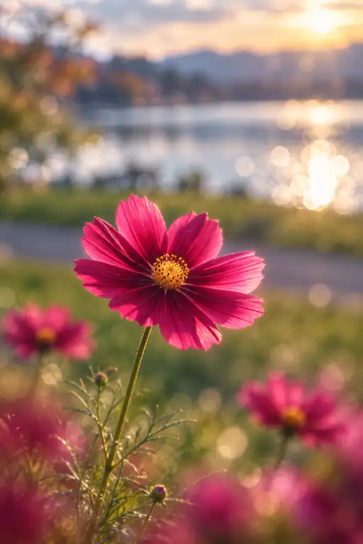 湖畔の残照にたゆたう紅花