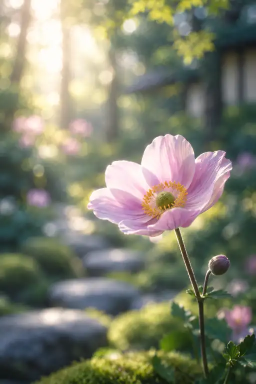 苔庭の木漏れ日に咲く薄紅花