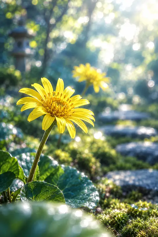 苔の飛び石に灯る黄金花