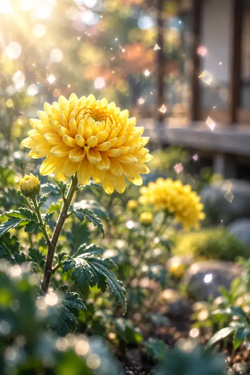 縁側の朝光に咲く黄金菊