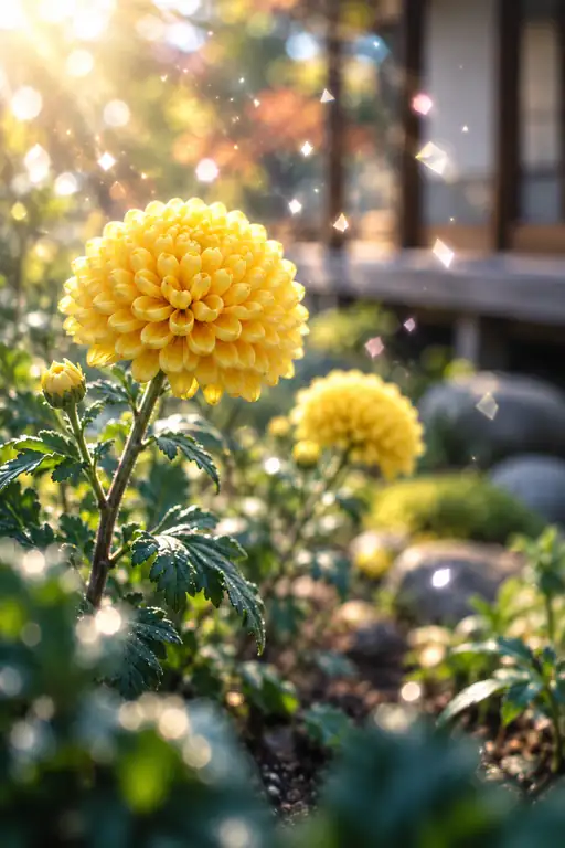 縁側の朝光に輝く黄金の菊