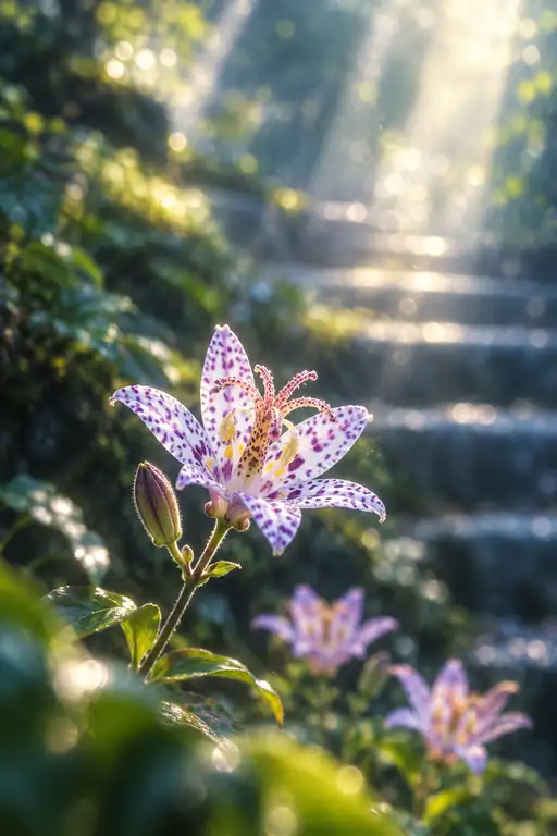 木漏れ日の石段に咲く杜鵑草