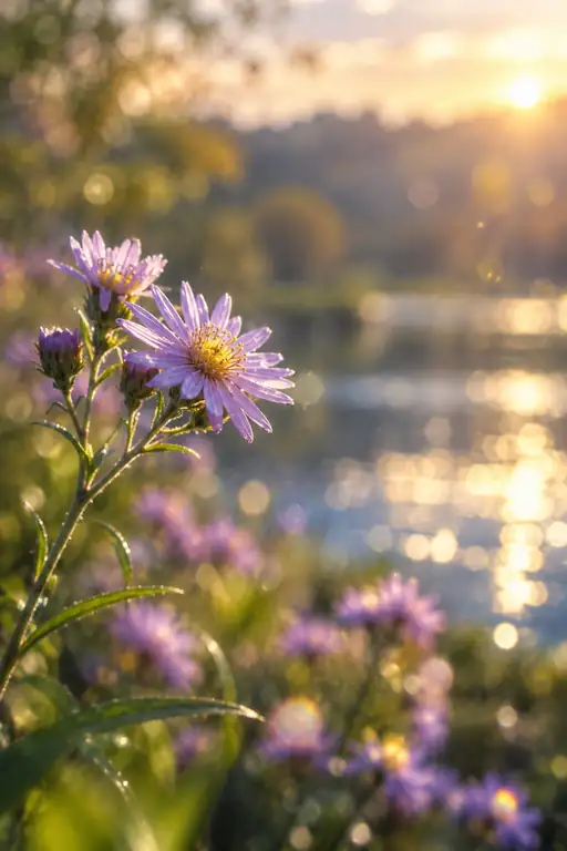夕映えの水辺にそよぐ野紺菊