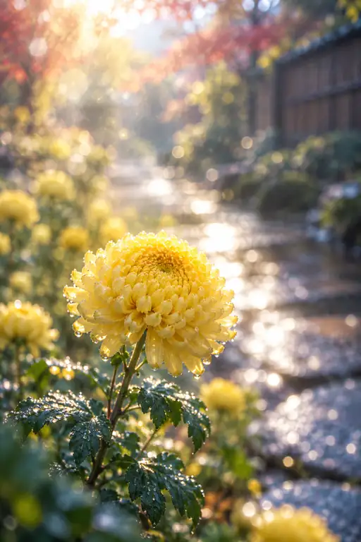 雨上がりの小道に輝く朝露の菊