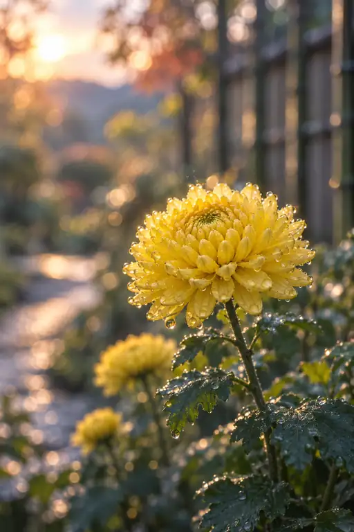 夕映えの石畳に輝く雨後の菊