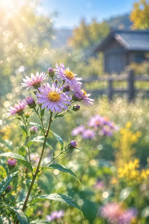 里山の木柵に咲く野紺菊