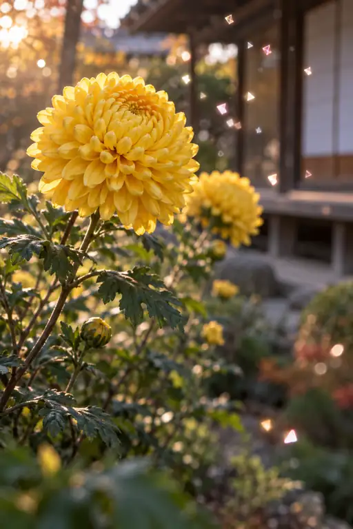 縁側の朝光に輝く黄金菊