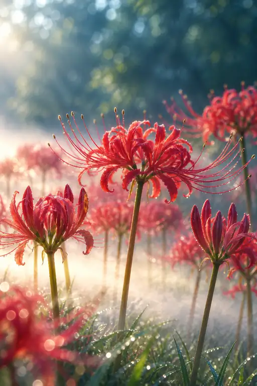 Crimson Lycoris in Morning Mist
