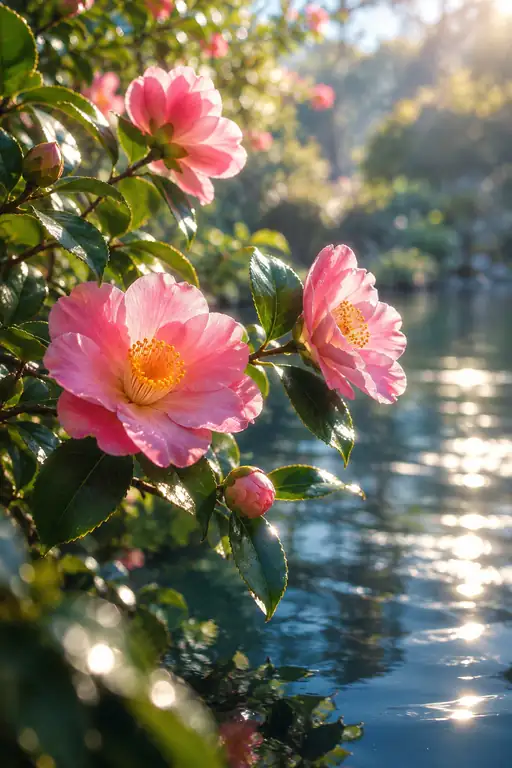 池に残る花の桃色