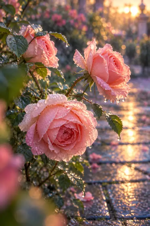 雨のあと、薔薇色に光る道